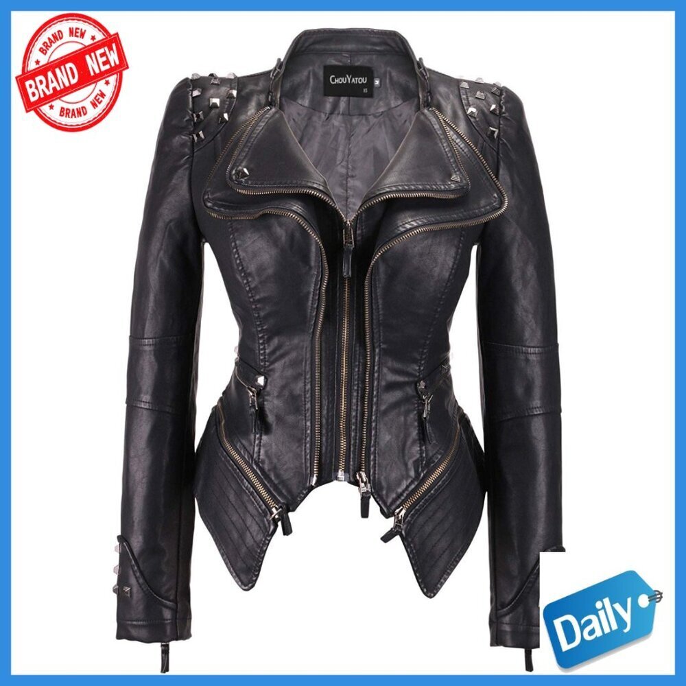 Faux Leather Biker Jacket Studded Moto Style Fitted Waist Adjustable Hem
